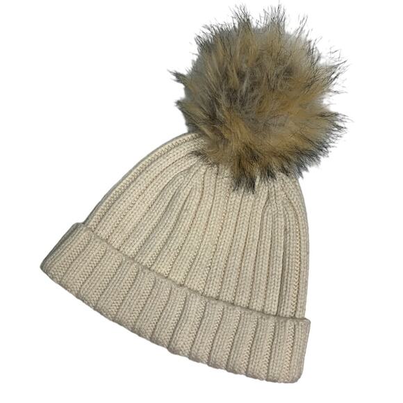 J Crew Cream Ribbed Knit Cream beanie with faux-fur pom-pom Hat - Picture 3 of 8